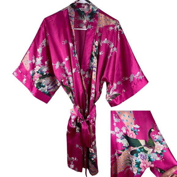 SWhite Me Other - SWhite Me Peacock Robe Floral Satin Feel Pink Tie Belt Women’s OS One Size